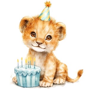11 Clipart per feste di compleanno a tema leone, Clipart acquerello stampabili, JPG di alta qualità, Download digitale, Alta risoluzione, Lavoretti di carta