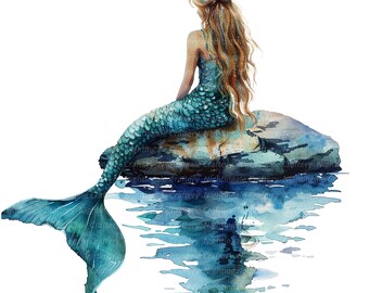 水彩画の人魚のクリップアート8点、石の上の人魚、印刷可能な水彩画の