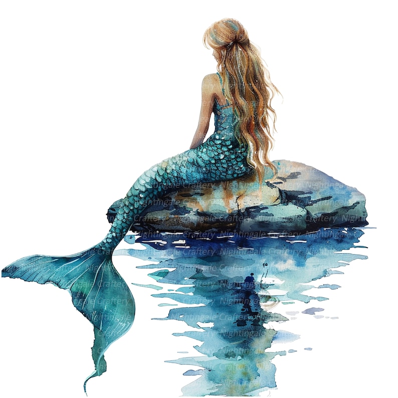 May include: A watercolor painting of a mermaid with long blonde hair sitting on a rock. Her tail is a vibrant blue and green, and the water around her is a soft blue.