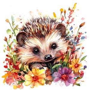8 Ouriços fofos em clipart de flores, clipart de aquarela para impressão, JPGs de alta qualidade, download digital, artesanato em papel, diários de lixo, berçário