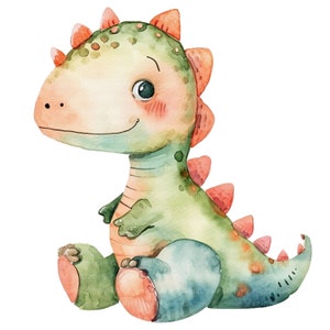 Pu&ograve; includere: Illustrazione ad acquerello di un simpatico dinosauro nei toni del verde, pesca e blu. Il dinosauro &egrave; seduto con le gambe incrociate, sorridente e ha delle spine arancioni sulla schiena. L'immagine ha un aspetto morbido e stravagante.