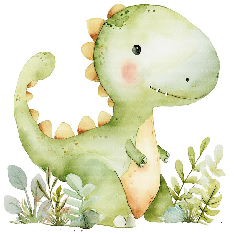 Pu&ograve; includere: Illustrazione ad acquerello di un simpatico dinosauro verde con pancia e spine gialle. Il dinosauro ha un'espressione sorridente ed &egrave; circondato da fogliame verde e azzurro. L'immagine ha uno stile morbido e stravagante.