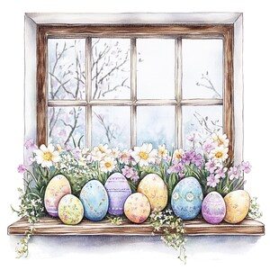 May include: A watercolour painting of a window with a row of colourful Easter eggs on the windowsill. The eggs are decorated with pastel colours and patterns. The window is framed in wood and has a view of a garden with flowers.