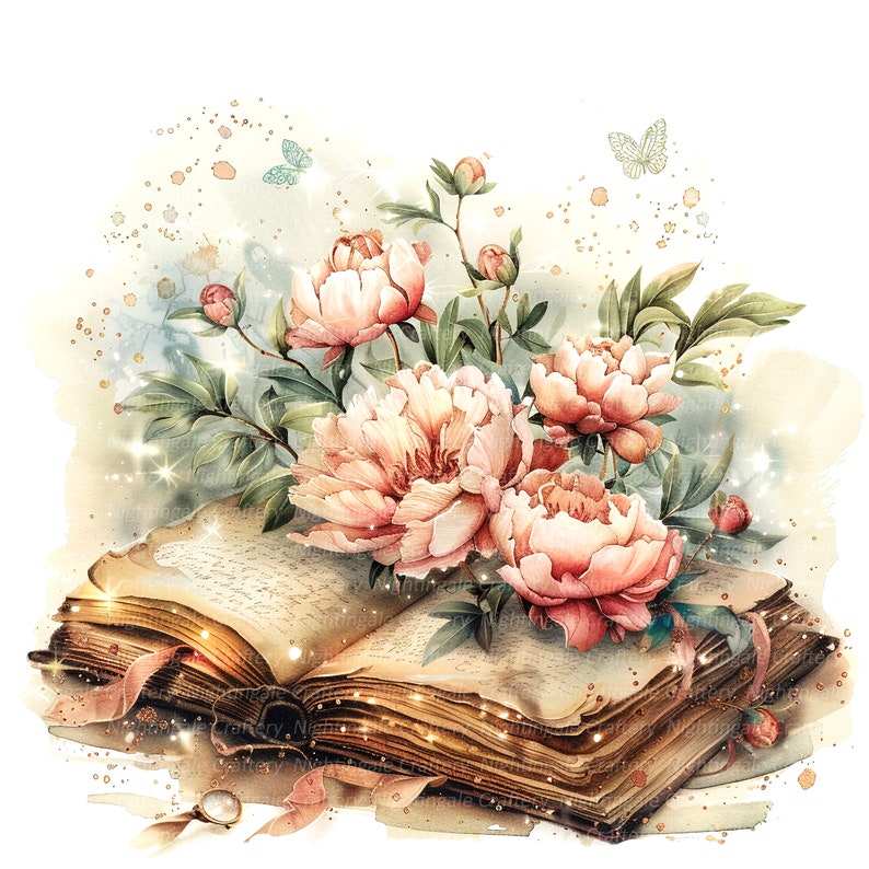 May include: An open antique book with delicate pink peonies and butterflies, surrounded by a watercolor wash of gold and white.