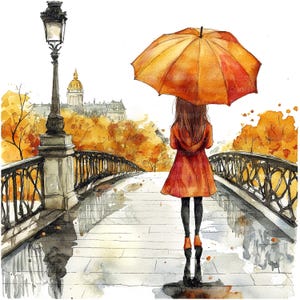 14 Imágenes prediseñadas de mujer en el puente, imágenes prediseñadas de otoño, París, imágenes prediseñadas de acuarela imprimibles, archivos JPG de alta calidad, descarga digital, manualidades de papel, diario