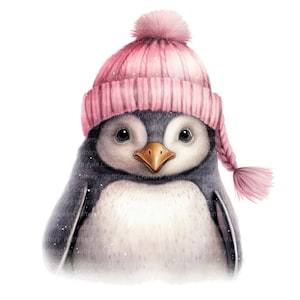 12 Pinguin Baby Mit Wollmütze Clipart, druckbare Aquarell Clipart, 12 hochwertige JPGs, digitaler Download, Papiermodell, Junk Journals
