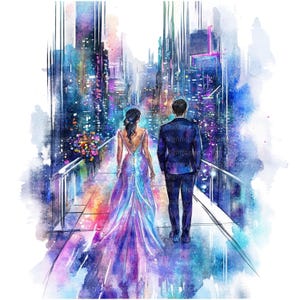 7 cliparts futuristes de mariage, carte de mariage, clipart aquarelle imprimable, fichiers JPG de haute qualité, téléchargement numérique, créations en papier, journaux indésirables