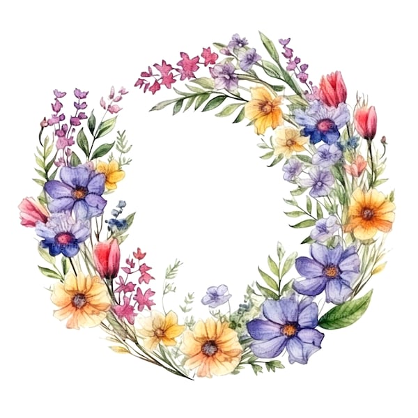 14 Wildflower Wreath Clipart,  Digital Clipart, Watercolor clipart, Printable clipart, Digital download, Paper craft, junk journals