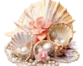 20 輝く真珠のクリップアート | 開いた貝殻のイラスト | 印刷可能な