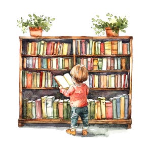 May include: A watercolor painting of a child standing in front of a bookshelf filled with books. The child is holding a book open and is looking at it. The bookshelf is made of wood and has multiple shelves. The books are arranged in rows and are of different sizes and colors.