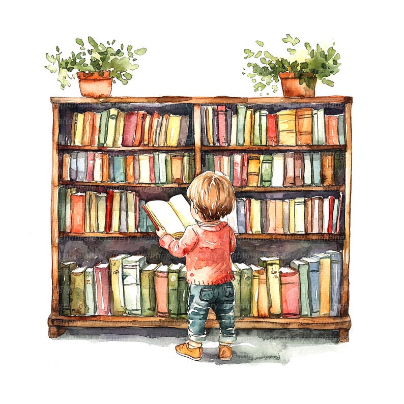 May include: A watercolor painting of a child standing in front of a bookshelf filled with books. The child is holding a book open and is looking at it. The bookshelf is made of wood and has multiple shelves. The books are arranged in rows and are of different sizes and colors.