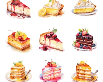 Puede incluir: Surtido de nueve rebanadas de pastel y pasteles pintados en acuarela sobre platos blancos. Los pasteles incluyen pastel de merengue de limón, pastel de queso, pastel de chocolate y pasteles en capas con coberturas de fruta.