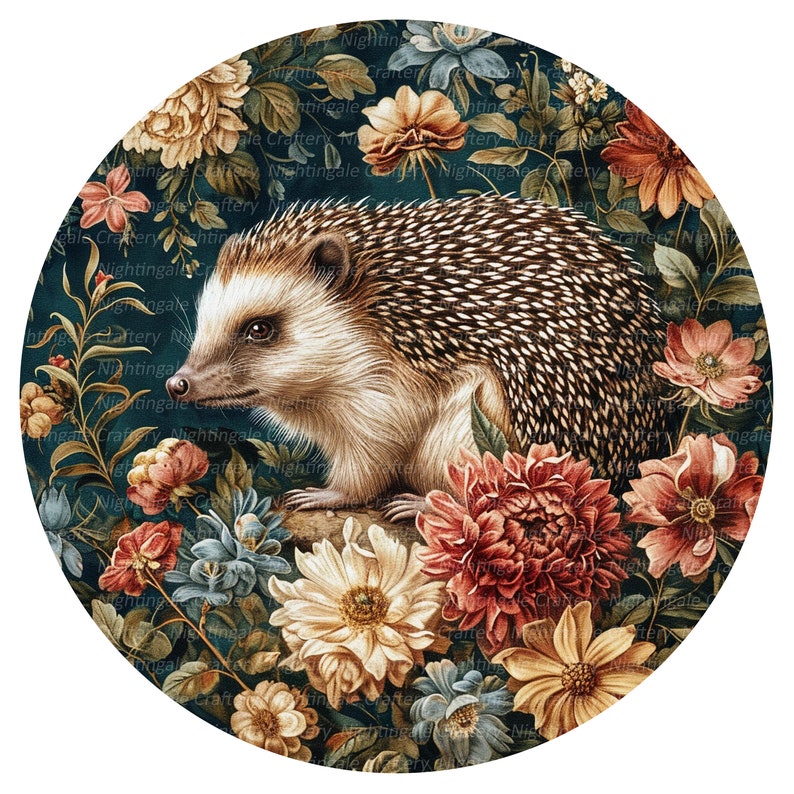 May include: A round illustration of a hedgehog surrounded by colorful flowers. The hedgehog is brown and white with a dark nose and small black eyes. The flowers are a variety of colors, including red, pink, yellow, and blue.