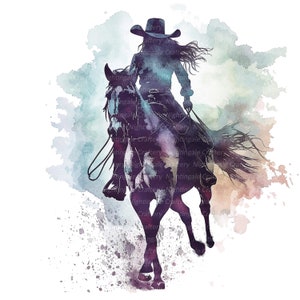 May include: A watercolor painting of a woman riding a horse. The woman is wearing a cowboy hat and a long skirt. The horse is brown and white and has a long mane and tail. The background is a soft blue and green.