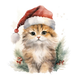 10 Kitten Christmas Hat Clipart, Cat Clipart, Printable Watercolor clipart, High Quality PNGs, Digital download, Paper craft, junk journals