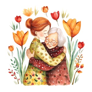 8 biglietti per la festa della mamma, madre e figlia floreali, clipart acquerello stampabili, JPG di alta qualità, download digitale, lavoretti di carta, diari
