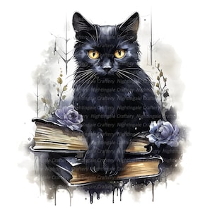 10 imágenes prediseñadas de gato negro en libros, libros mágicos, imágenes prediseñadas de acuarela imprimibles, JPG de alta calidad, descarga digital, artesanía en papel, diarios basura