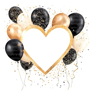 14 Geburtstag Rahmen Clipart, schwarz goldene Geburtstag Luftballons, druckbare Aquarell Clipart, hochwertige JPGs, digitaler Download, Papierhandwerk