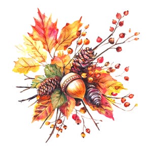 14 Conjunto de clipart de buquê de folhas de outono 2, folhas de outono, clipart de aquarela para impressão, PNG de alta qualidade, download digital, artesanato em papel, diários