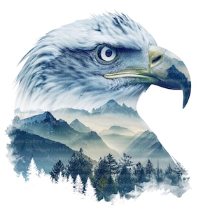 May include: A blue and white abstract image of a bald eagle with a mountain range and forest in the background.