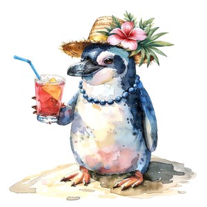 12 imágenes prediseñadas de pingüino hawaiano, pingüino en la playa, imágenes prediseñadas de acuarela imprimible, JPG de alta calidad, descarga digital, artesanía de papel, diarios basura