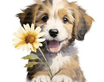 10 Puppy With Flower Clipart, Dog Clipart, Printable Watercolor clipart, High Quality JPG/PNGs, Digital download, Paper craft, junk journals