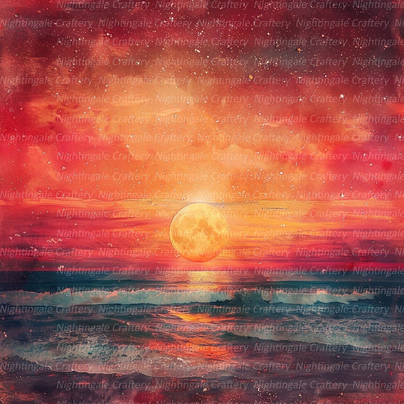 Puede incluir: Una luna llena se levanta sobre una puesta de sol acuarela roja, naranja y amarilla sobre un oc&eacute;ano azul con olas blancas espumosas.