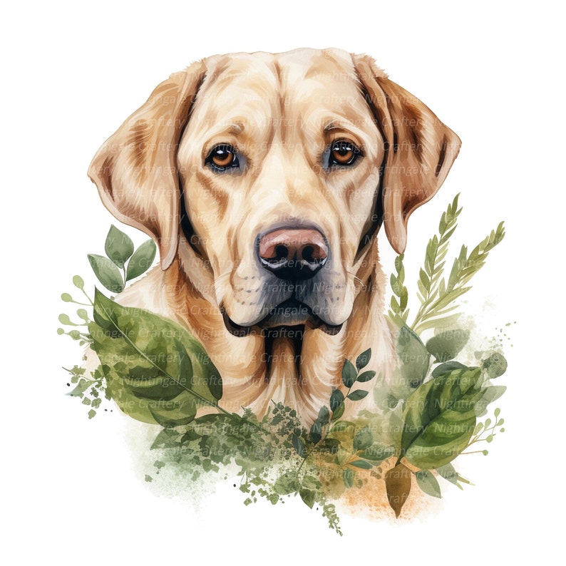 Może przedstawiać: Aquarela przedstawiająca psa rasy golden retriever otoczonego zielonymi liśćmi. Pies patrzy bezpośrednio na widza z łagodnym wyrazem twarzy.