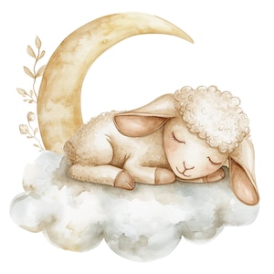 May include: A watercolor illustration of a sleeping lamb on a cloud with a crescent moon behind it. The lamb is white with brown ears and a brown nose. The cloud is white with a light brown outline. The moon is yellow with a light brown outline.