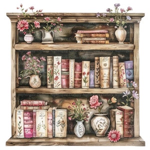 May include: A wooden bookshelf with three shelves filled with antique books. The shelves are decorated with floral arrangements in white and blue ceramic vases. The bookshelf has a rustic, vintage aesthetic.
