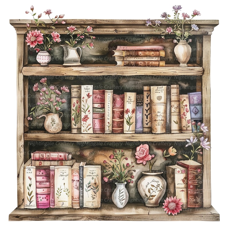 May include: A wooden bookshelf with three shelves filled with antique books. The shelves are decorated with floral arrangements in white and blue ceramic vases. The bookshelf has a rustic, vintage aesthetic.