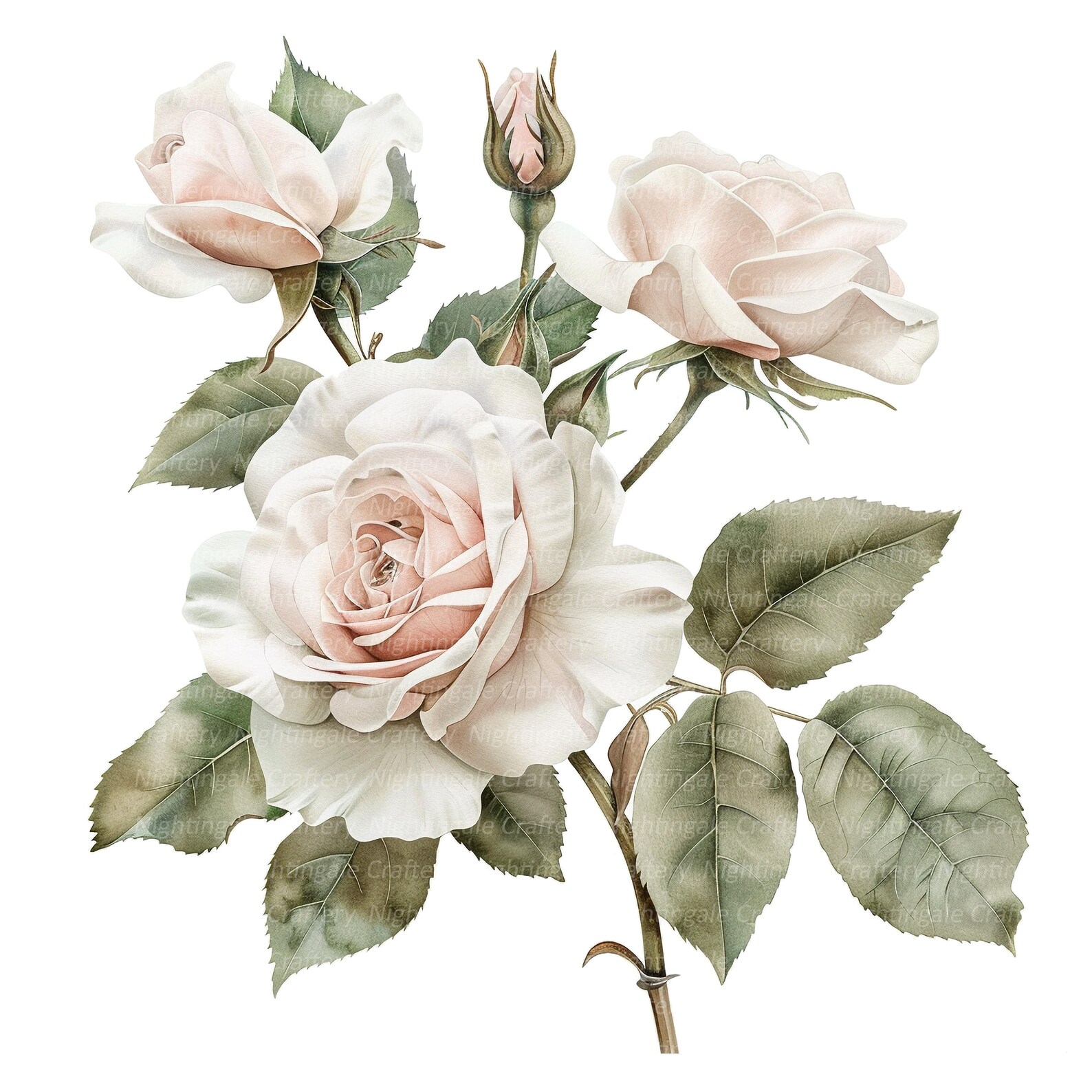 10 White Roses Clipart Set 2, Roses Bouquet, Printable Watercolor ...