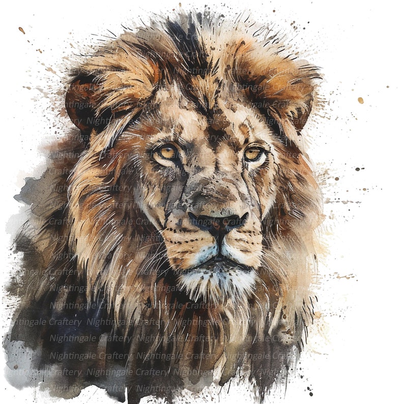 K&ouml;nnte beinhalten: Ein Aquarellbild eines L&ouml;wenkopfes in Braun- und Beiget&ouml;nen. Der L&ouml;we hat einen ernsten Ausdruck und seine M&auml;hne ist voll und flie&szlig;end.