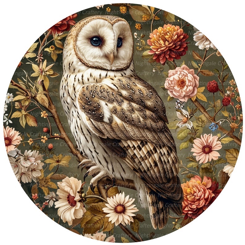 Peut inclure: Un hibou blanc et brun perch&eacute; sur une branche avec une vari&eacute;t&eacute; de fleurs et de baies color&eacute;es. Le hibou a de grands yeux noirs et un visage blanc. L'arri&egrave;re-plan est vert fonc&eacute;.
