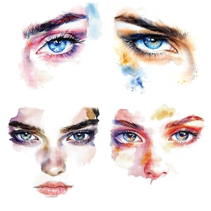 16 Woman Eyes Clipart, Man Eyes Clipart, Face, Printable Watercolor clipart, High Quality JPGs, Digital download, Paper craft, junk journals