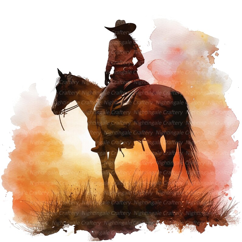 May include: Silhouette of a person riding a horse in a watercolor sunset landscape. The person is wearing a cowboy hat and riding in a western style saddle. The horse is facing away from the viewer.