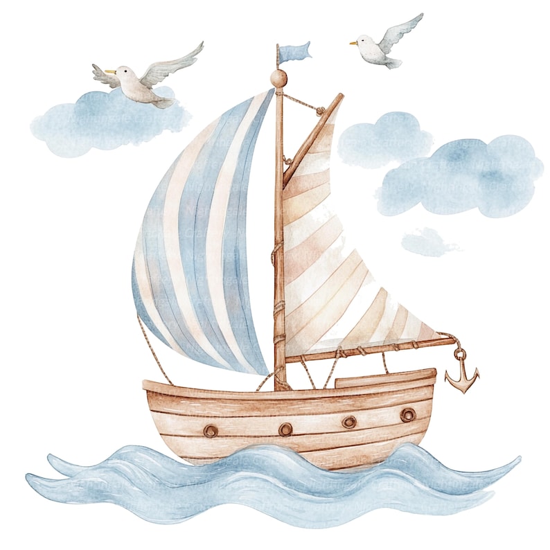 May include: A watercolor illustration of a sailboat with blue and white striped sails, a brown wooden hull, and an anchor. The sailboat is sailing on blue waves with white clouds in the background. Two white seagulls are flying above the boat.