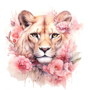 May include: A watercolor painting of a lion's face surrounded by pink flowers. The lion has a soft, golden fur and piercing brown eyes. The flowers are delicate and have a watercolor effect.