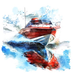 Puede incluir: Pintura a la acuarela de una lancha motora roja y blanca surcando aguas azules. El barco se refleja en el agua de abajo. La imagen tiene un estilo artístico dinámico con salpicaduras de azul y blanco.