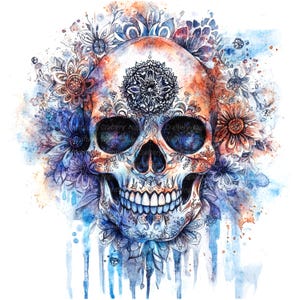 10 Mandala Skull Clipart, Tatuaggio Teschio, Clipart Acquerello Stampabile, JPG di Alta Qualità, Download Digitale, Carta Artigianale, Diari di Carta