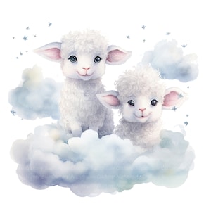 8 moutons nuages Clipart, agneau, impression de chambre d'enfant, clipart aquarelle imprimable, JPG de haute qualité, téléchargement numérique, créations en papier, journal indésirable
