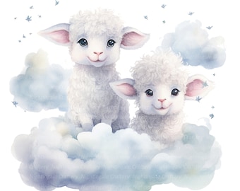 8 schapen wolken clipart, lam, kwekerij print, afdrukbare aquarel clipart, hoge kwaliteit jpg, digitale download, Papercraft, junk journal