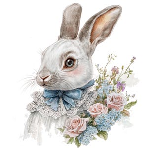 8 Clipart lapin blanc floral, Alice au pays des merveilles, clipart aquarelle imprimable, fichiers JPG de haute qualité, téléchargement numérique, créations en papier, journal