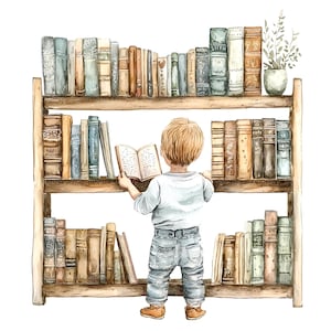 May include: A watercolor illustration of a child standing in front of a wooden bookshelf filled with books. The child is wearing blue jeans and a light blue shirt. The child is holding a book open in their hands. The bookshelf has three shelves and is filled with books of various sizes and colors.