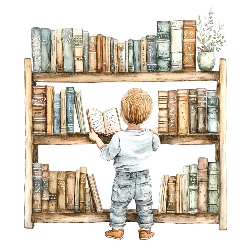 May include: A watercolor illustration of a child standing in front of a wooden bookshelf filled with books. The child is wearing blue jeans and a light blue shirt. The child is holding a book open in their hands. The bookshelf has three shelves and is filled with books of various sizes and colors.