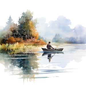 May include: A watercolor painting of a person fishing from a small wooden boat on a calm lake. The lake is surrounded by trees with fall foliage. The sky is a soft blue with white clouds.