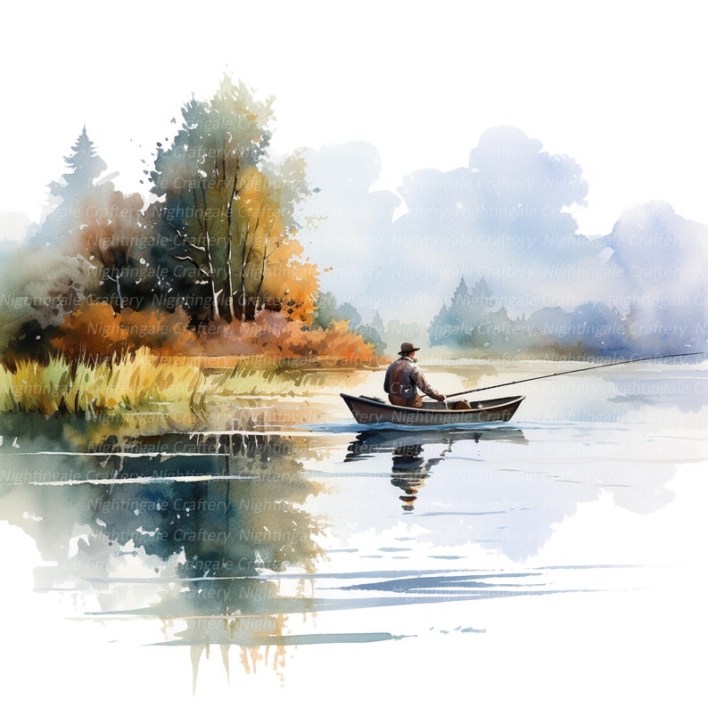 May include: A watercolor painting of a person fishing from a small wooden boat on a calm lake. The lake is surrounded by trees with fall foliage. The sky is a soft blue with white clouds.