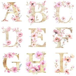 Bloemen alfabet clipart, 26 gouden letters, digitale clipart, aquarel clipart, transparante png, digitale download, papercraft, dagboek