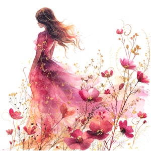 K&ouml;nnte beinhalten: Ein Aquarellbild einer Frau in einem rosa Kleid mit goldenen Akzenten, die in einem Feld mit rosa Blumen steht. Die Blumen bl&uuml;hen und haben einen weichen Aquarelleffekt.
