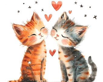 10 Kitten Love Clipart, Romantic Cats Clipart, Printable Watercolor clipart, High Quality JPGs, Digital download, Paper craft, junk journals